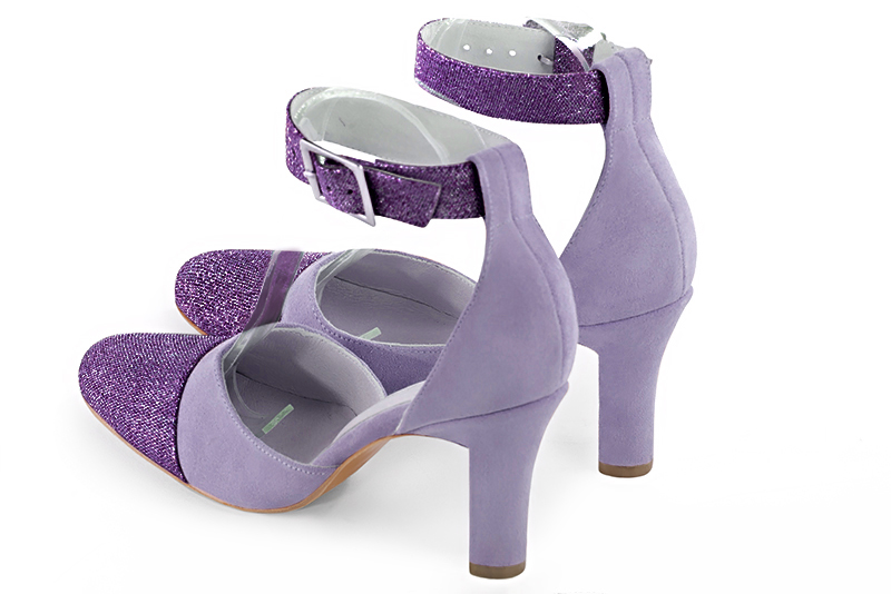 Amethyst purple women's open side shoes, with a strap around the ankle. Round toe. High kitten heels. Rear view - Florence KOOIJMAN